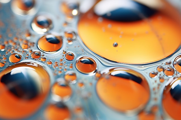 Closeup of oil droplets floating on water forming abstract shapes and patterns