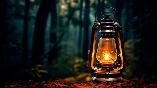 흐릿한 불빛이 있는 숲 속의 석유 램프를 닫아라