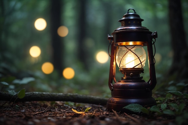 Foto close-up di una lampada ad olio nella foresta con luci sfocate