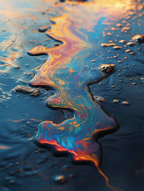 Closeup of oil slick on water showcasing mesmerizing iridescent colors with dark blurred background to enhance contrast