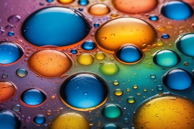 Closeup oily bubbles and droplets in colourful watery backdrop