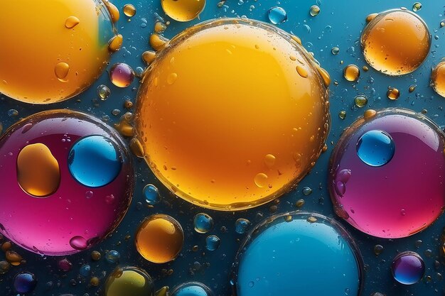 Closeup oily bubbles and droplets in colourful watery backdrop