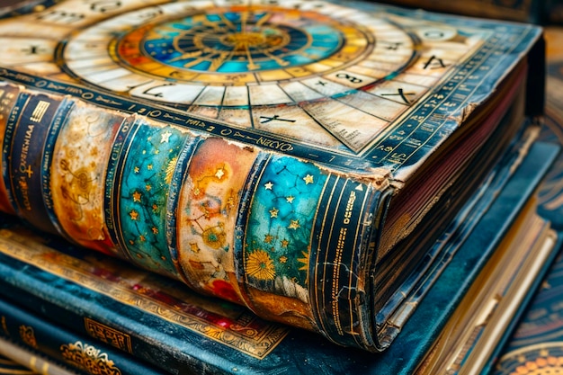 Closeup of an old book on astrology and fortune telling and horoscope making