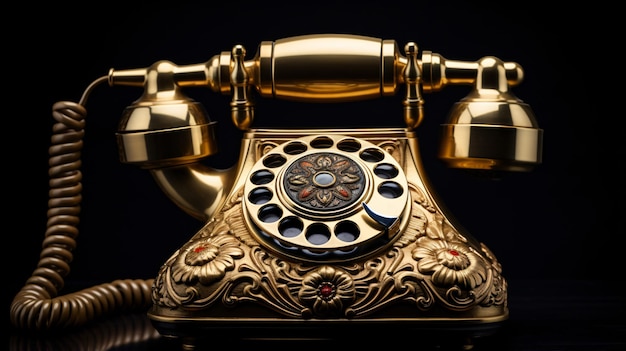 Closeup of an old fashioned gold phone against a