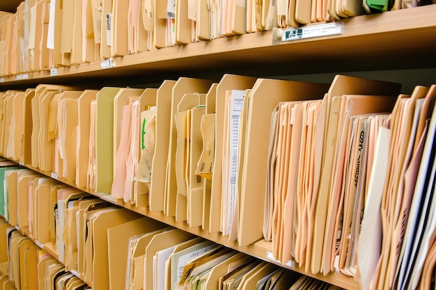 Photo a closeup of old folders with brightly colored files that are methodically labeled and sorted on shelves in the office showing organization and data