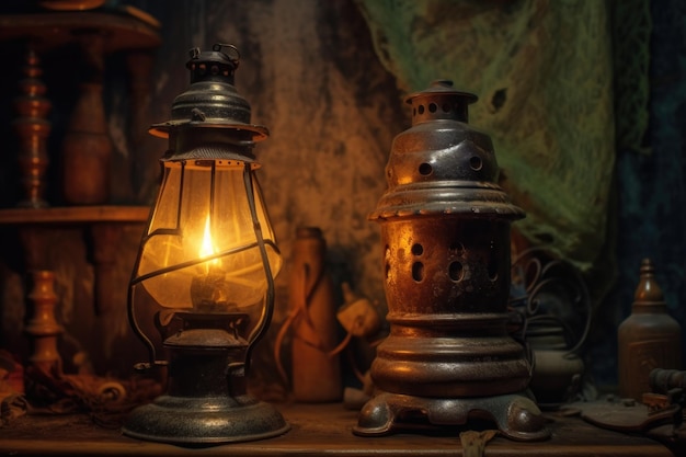 Closeup of an old kerosene lamp with chimney created with generative ai