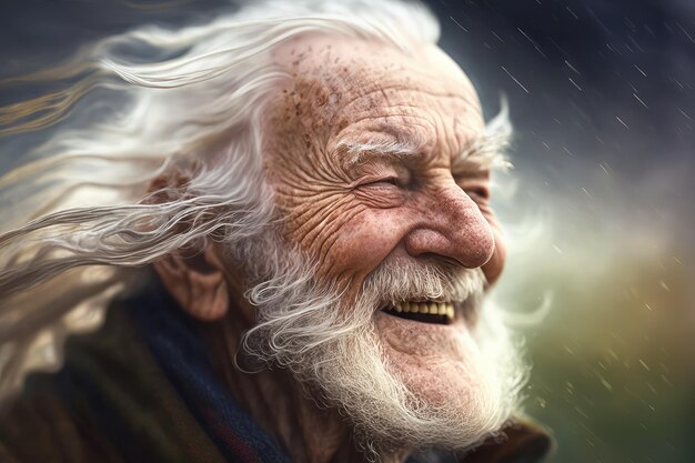 Foto primo piano del viso dell'uomo anziano con un sorriso sulle labbra e il vento che gli soffia tra i capelli