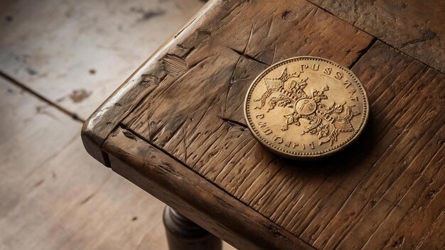 木製のテーブル上の古いロシア貨幣のクローズアップ