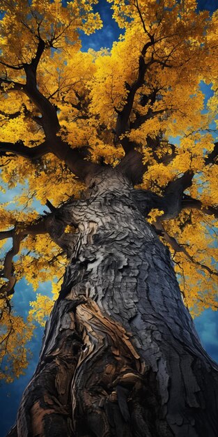 Клоуз-ап старого дерева с желтыми листьями в стиле Питера Блума