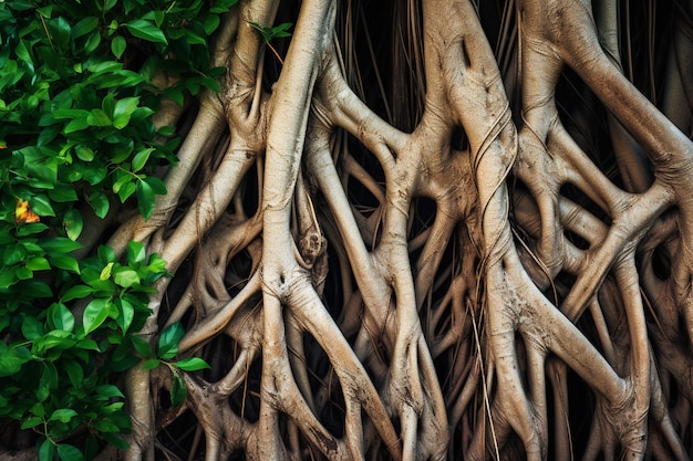 Photo closeup old trunk and root of banyan tree large tree trunk in tropical forest twisted pattern