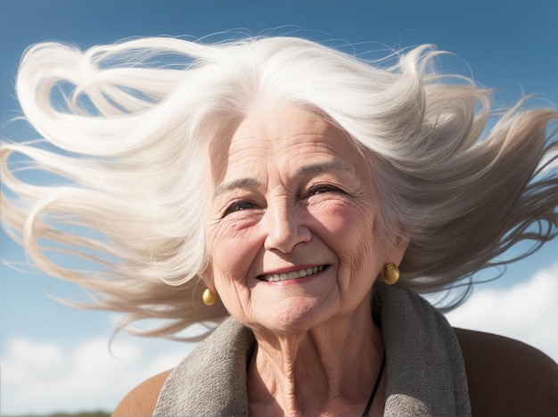 Closeup of old woman face with a smile on his lips and the wind blowing in his hair by Generative AI