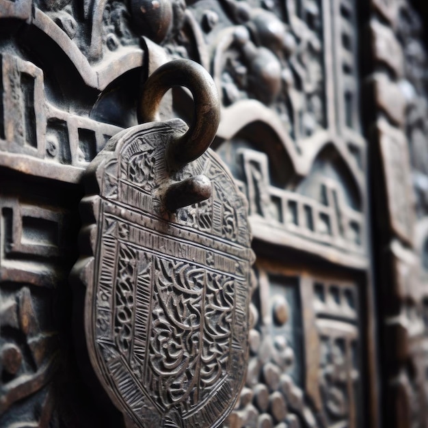 Closeup of an old wooden door with a metal handle