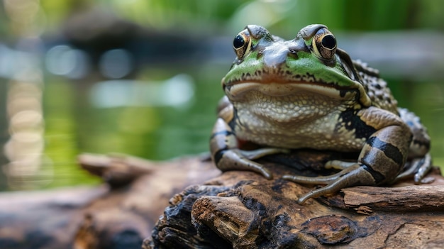 Photo closeup of an older wiselooking frog sitting on a log at the edge of the pond its wrinkled skin and