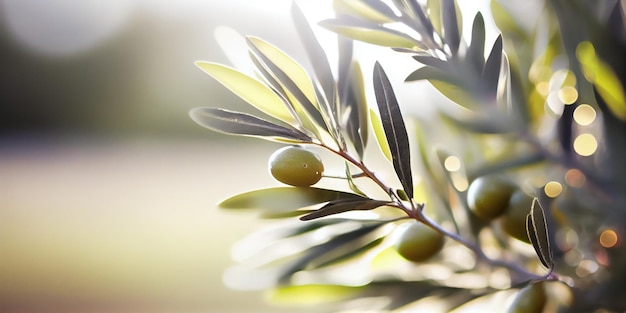 나뭇가지에 있는 올리브 열매의 클로즈업 올리브 정원과 햇빛 배경 디자인 AI 생성