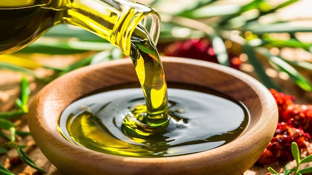 Closeup olive oil pouring into bowl