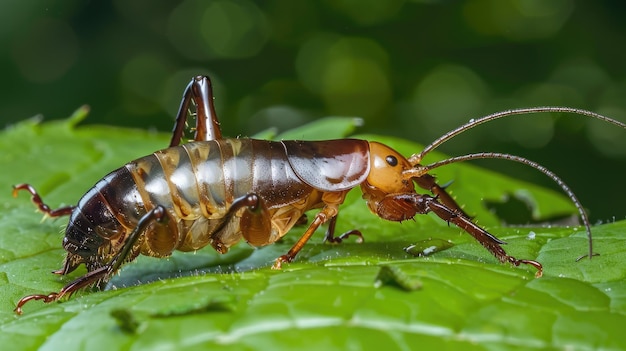 Photo closeup of omnivorous earwigs eating auricularia arthropod insect feeding with compound eye and