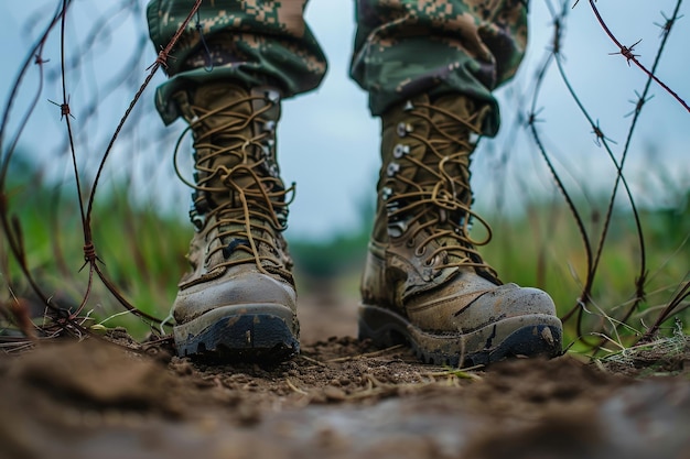 Фото Близкий взгляд на солдатские сапоги с колючей проволокой военные и военные