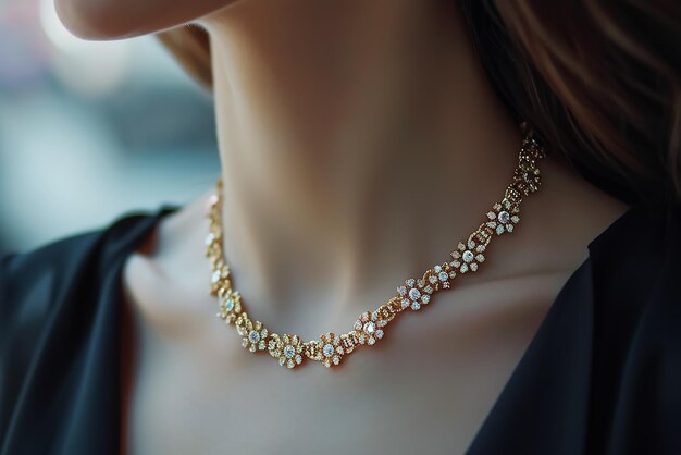 Фото Близкий кадр женщины в минимальном золотом и бриллиантовом ожерелье