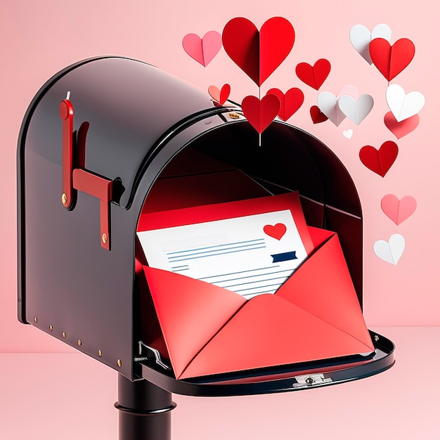 バレンタインデーの手紙が入った開いたメールボックスのクローズアップピンクの背景の上に鉄の箱が立っています