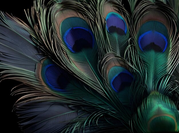 closeup of one of a peacock feather in a dark background on top view