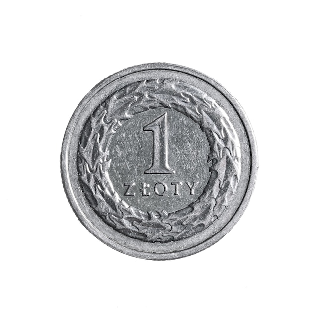 Closeup of a one polish zloty coin isolated on a white background High details macro shot image