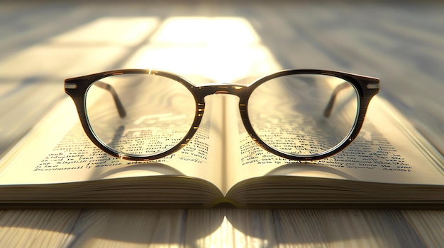 Foto close-up di un libro aperto con gli occhiali a corna appoggiati sulle pagine il libro è sdraiato su un tavolo di legno in una stanza calda e soleggiata