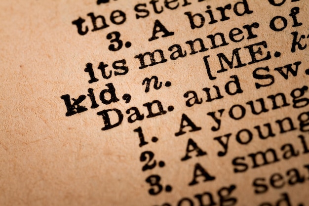 Photo closeup of an opened dictionary showing the word kid