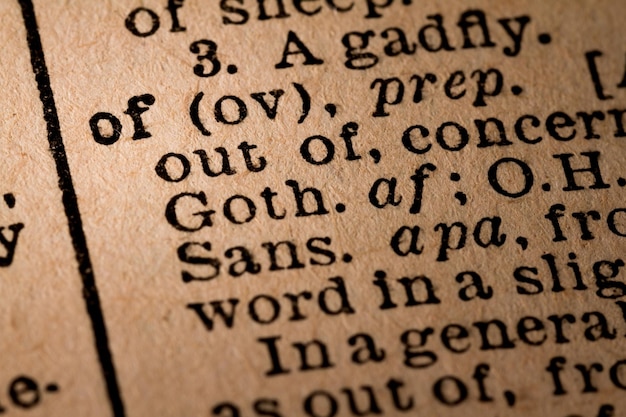 Photo closeup of an opened dictionary showing the word of