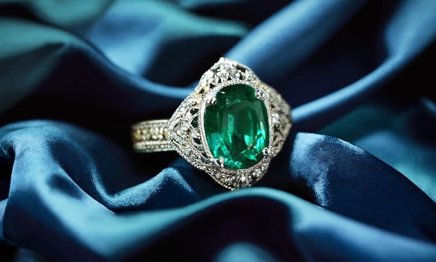 Closeup of an opulent emerald engagement ring set against deep blue satin fabric