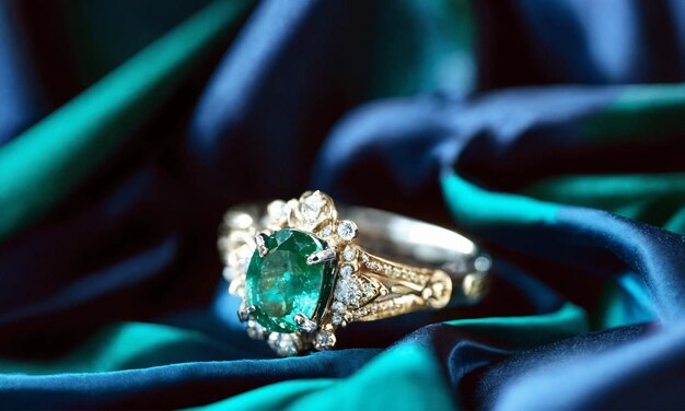 Клоуз-ап роскошного изумрудного обручального кольца, установленного на тёмно-голубой атласной ткани