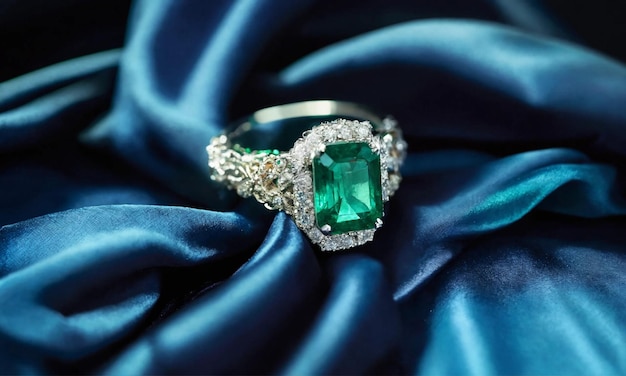 Closeup of an opulent emerald engagement ring set against deep blue satin fabric