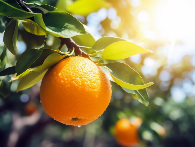 Closeup orange on branch orange tree branch with leaves