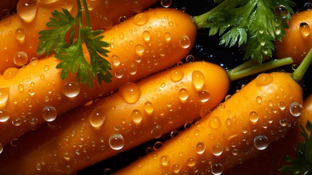 Closeup of orange carrots with green leaves covered in water droplets