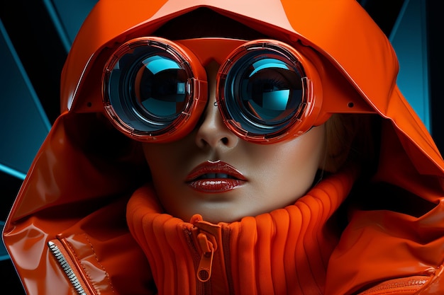 Photo closeup orange futuristic woman with a technology pair of binoculars