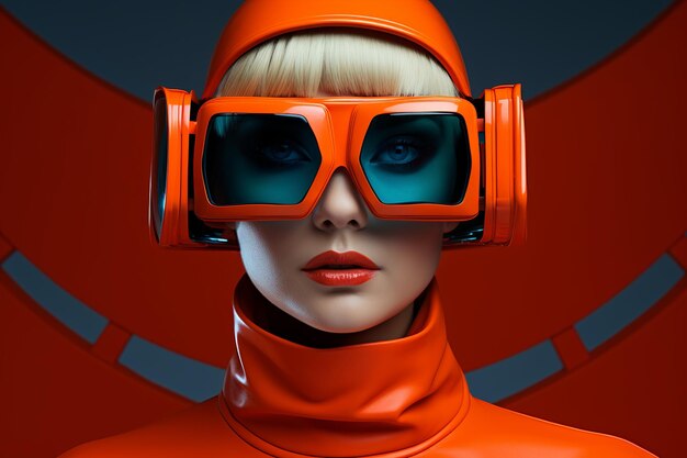 クローズアップ オレンジ色の未来主義的な女性とテクノロジーの双眼鏡