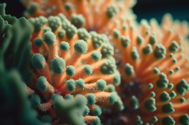 Closeup of orange green hued coral created by generative AI