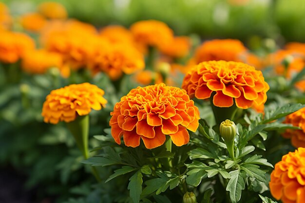 Photo closeup of orange marigolds with green leaves in garden