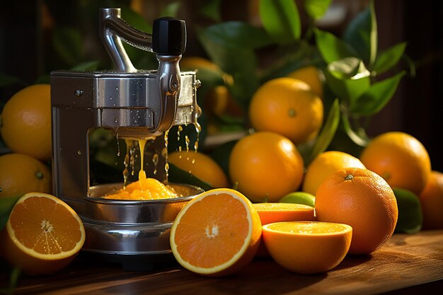 Closeup of oranges being squeezed with juice flowing into a glass with a splash and droplets