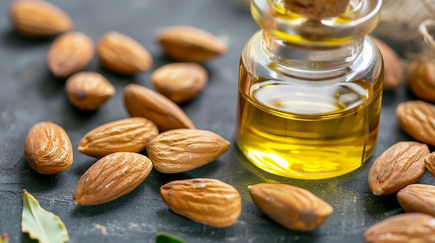 Closeup of organic natural almond oil in a glass with almond