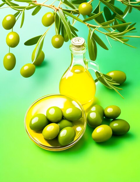 Closeup organic olive oil and olives generated by ai