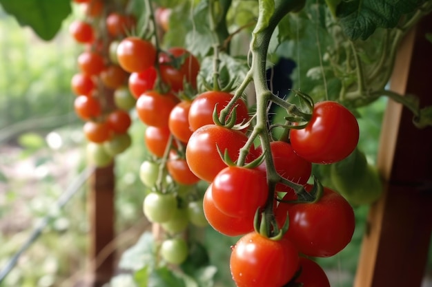 Closeup of organic tomatoes ripening on vine created with generative ai