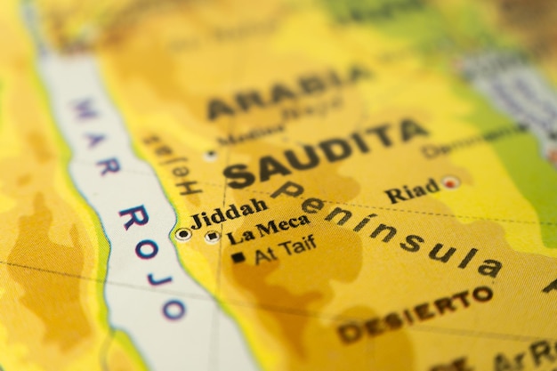 Closeup of the orographic map of Eastern Saudi Arabia Mecca and Jiddah with references in Spanish Concept cartography Travel tourism geography Differential focus