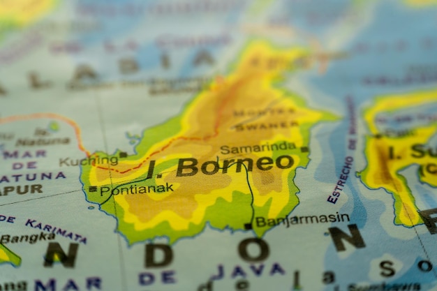 Closeup of the orographic map of the island of Borneo in the Pacific east of the Indomalayan Peninsula with references in Spanish Concept Travel tourism geography Differential focus