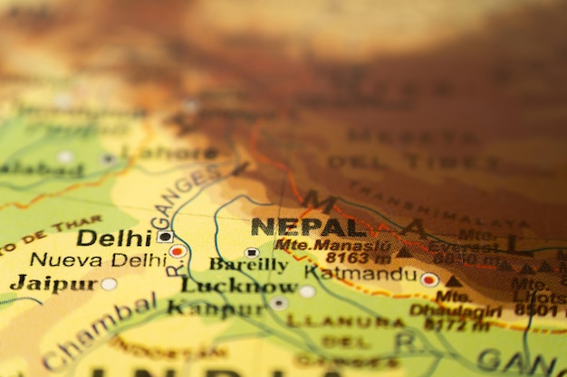 Closeup of the orographic map of Northern India and Nepal with references in Spanish Concept Travel tourism geography Differential focus