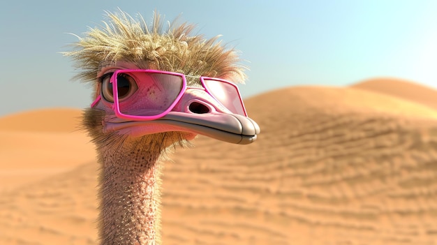 Foto un primo piano di uno struzzo che indossa occhiali da sole rosa con un paesaggio desertico sfocato sullo sfondo
