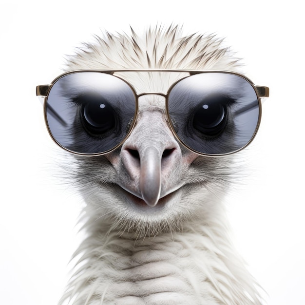 Closeup of Ostrich with sunglasses on white background