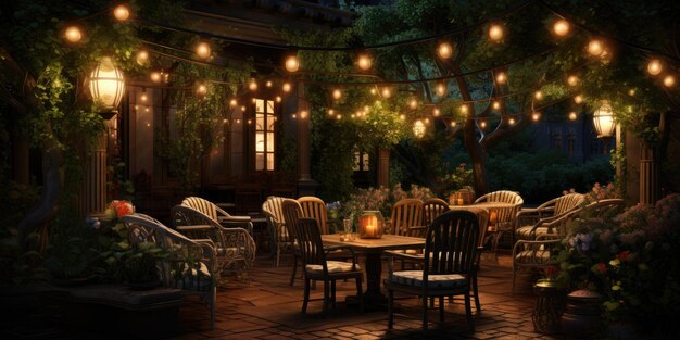 Closeup of outdoor garden furniture in the warm light of lanterns Generative AI