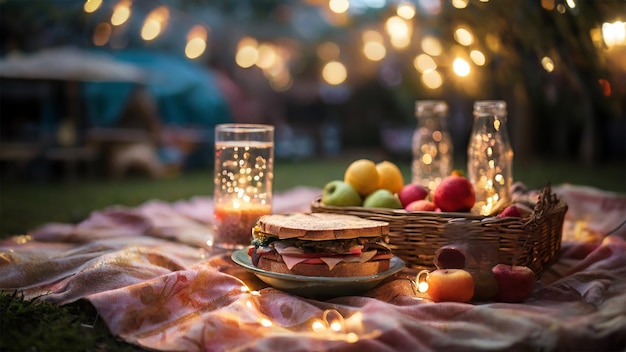 Closeup outdoor night picnic foods with romantic atmosphere candle lights and bokeh