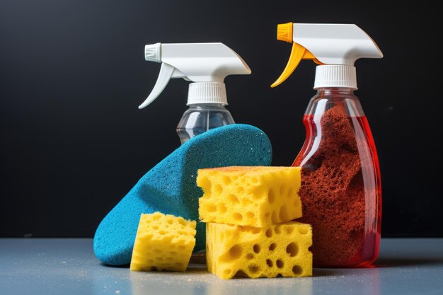 Premium AI Image  Close up of cleaning supplies in a bathroom caddy