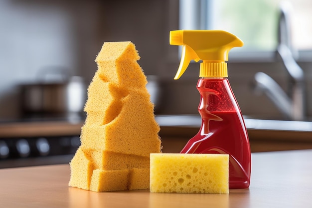 Closeup of oven cleaner spray bottle and sponge